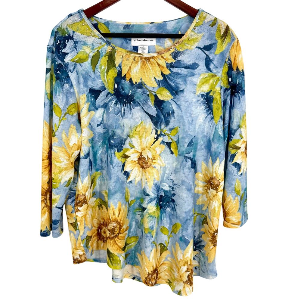 Alfred Dunner Sz Large Blue Yellow Knit Cozy Mature Blouse Shirt Top Sunflowers